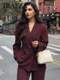 TRAFZA Women's Burgundy Blazers Elegant Double Breasted Coat Long Sleeve Blazer Jacket Autumn Lady Office New Wine Red Outerwear-belleandkai.com
