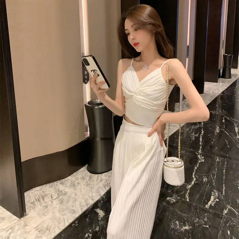 Wide Leg Pant Sets for Women 2 Pieces Aesthetic Korean Style Clothing Trend 2025 Cheap Classy Sales  Slings and Trousers Woman-belleandkai.com