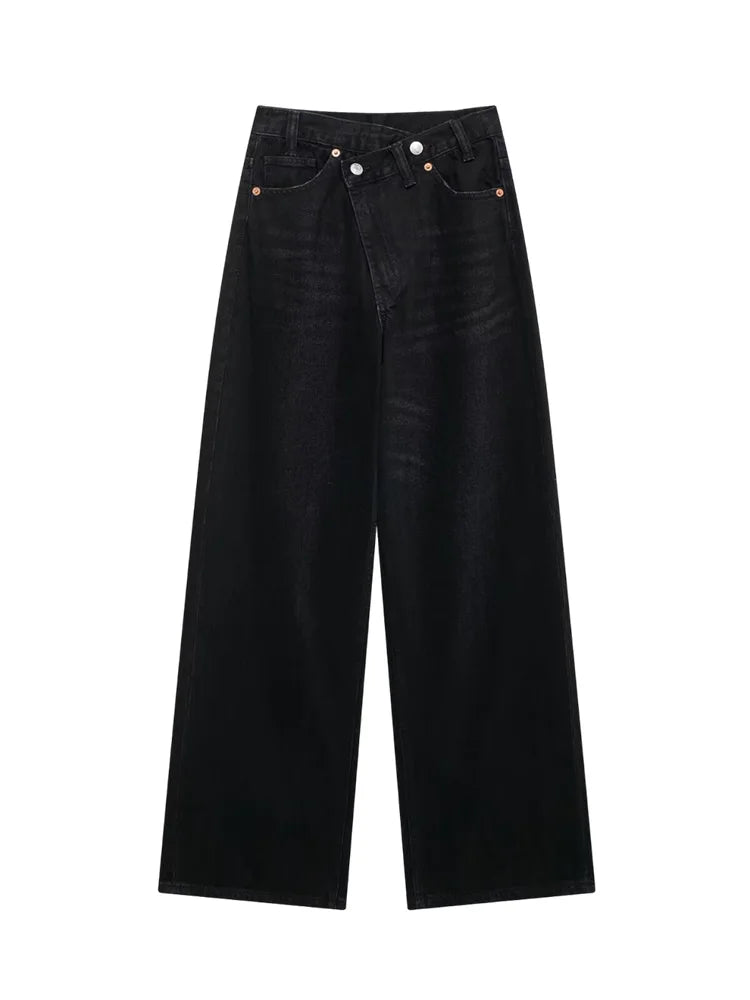 Women's Basic Hundred Jeans New Fashion Asymmetric Design High Waist Wide Leg Trousers Casual Women's Straight Leg Jeans-belleandkai.com