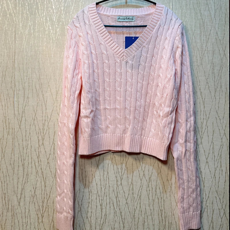 Brandy Mandy Women's V-Neck Long Sleeve Knit Sweater Casual Autumn Top Navy Crop Pullover for Girls-belleandkai.com