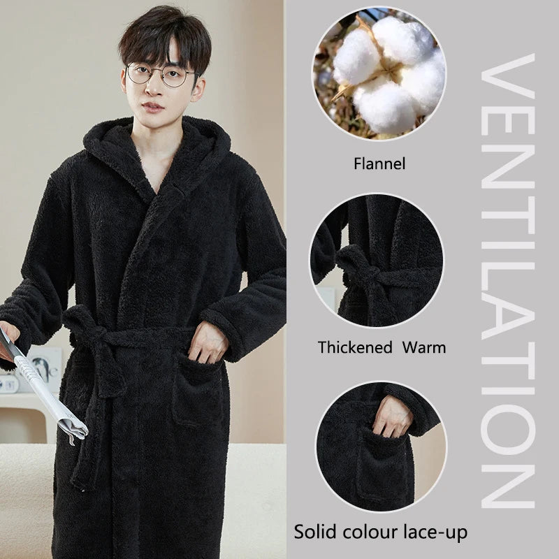 Bathrobe Woman Shower Couple Pyjamas Nightgown Women Homewear Hooded Men Winter Thickened Long Flannel Suit Easy to Clean Black-belleandkai.com