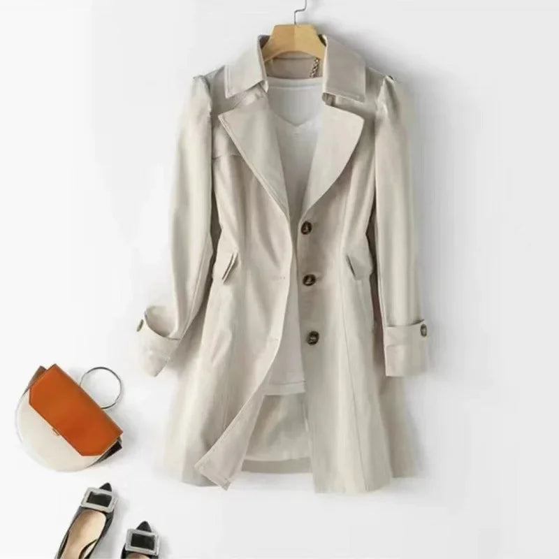 Slim Fit Long Coat Jacket Women's Casual Khaki Color Autumn Winter Outerwear Full Sleeve Chinese Brand Fashionable Windbreaker-belleandkai.com