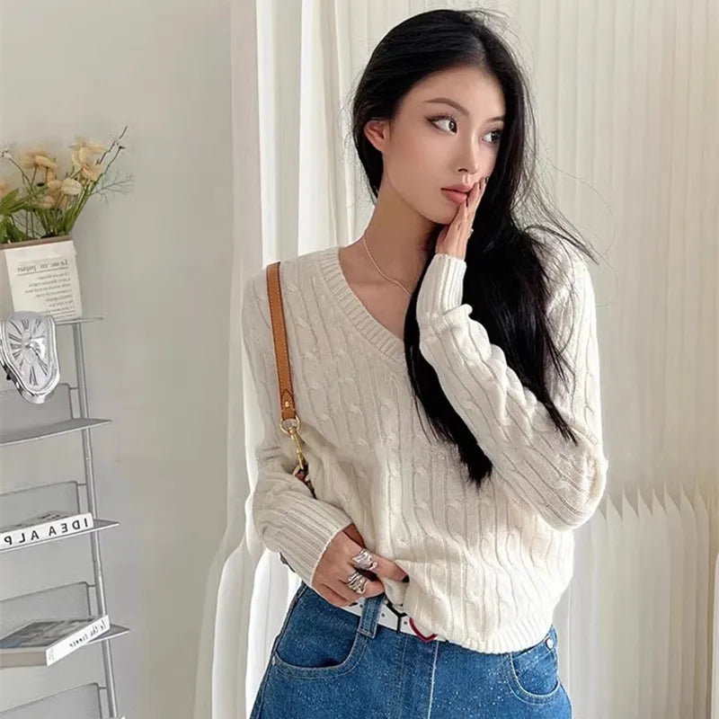 Brandy Mandy Women's V-Neck Long Sleeve Knit Sweater Casual Autumn Top Navy Crop Pullover for Girls-belleandkai.com