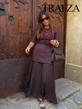 TRAFZA Women Elegant Half Sleeves O-Collar Pleated Dress Spring Woman Rear Zipper Splicing Vintage Casual Knitted Long Dress-belleandkai.com
