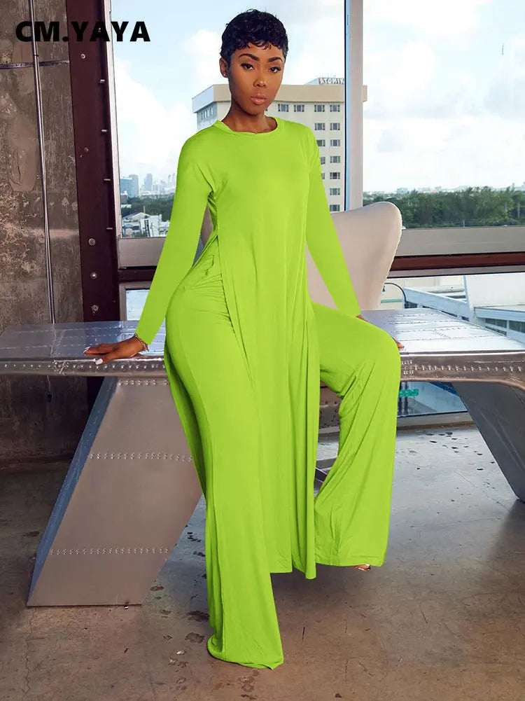CM.YAYA Solid Classic Women's Set Long Sleeve High Slit X-long Tee Top Straight Pant Suit Tracksuit Fitness Two 2 Piece Outfits-belleandkai.com