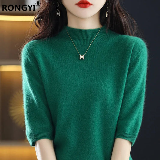 RONGYI Seamless Cashmere Sweater Knitted Women's Clothing 100% Pure Wool Short-Sleeved 2022 Spring Five-Quarter Sleeve  Pullover-belleandkai.com