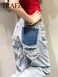 TRAFZA Jeans For Women 2024 Denim Solid Loose Zipper Fly Female Hole Trouser Pockets Wild Basic Commute Woman Wide Leg Long Pant-belleandkai.com