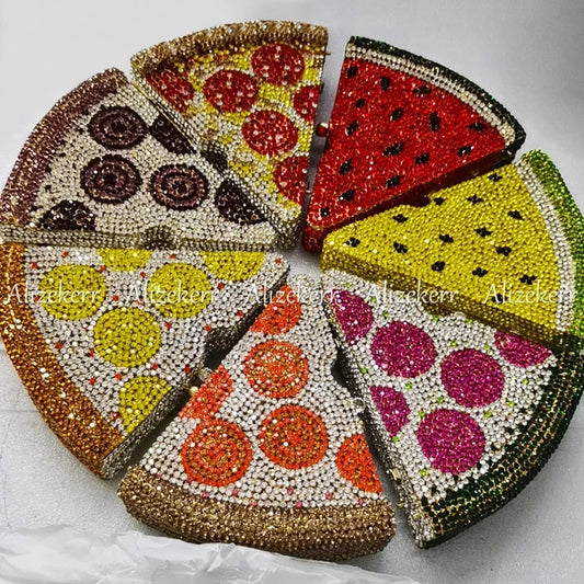 Alizekerr Pizza Shaped Diamond Evening Clutch Bags 2024 New Gorgeous Unique Metallic Watermelon Rhinestone Purses Wedding Party-belleandkai.com
