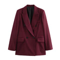 TRAFZA Women's Burgundy Blazers Elegant Double Breasted Coat Long Sleeve Blazer Jacket Autumn Lady Office New Wine Red Outerwear-belleandkai.com