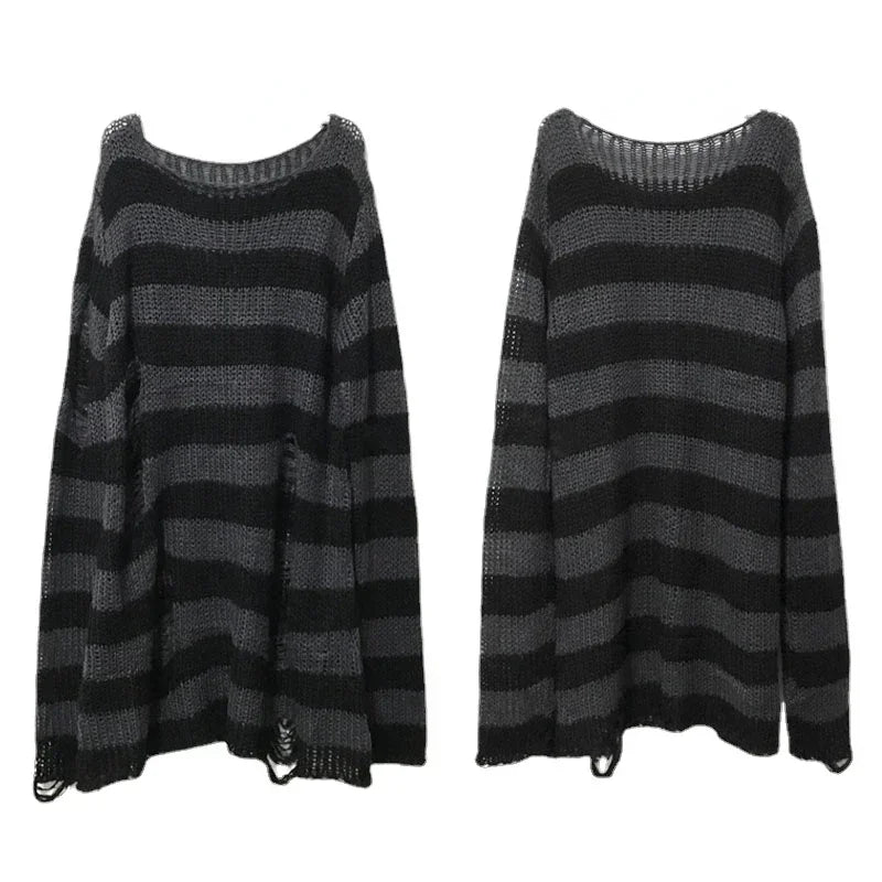 New Autumn Punk Gothic Long Unisex Sweater Women Striped Cool Hollow Out Hole Broken Jumper Loose Rock Thin Dark Streetwear Top-belleandkai.com