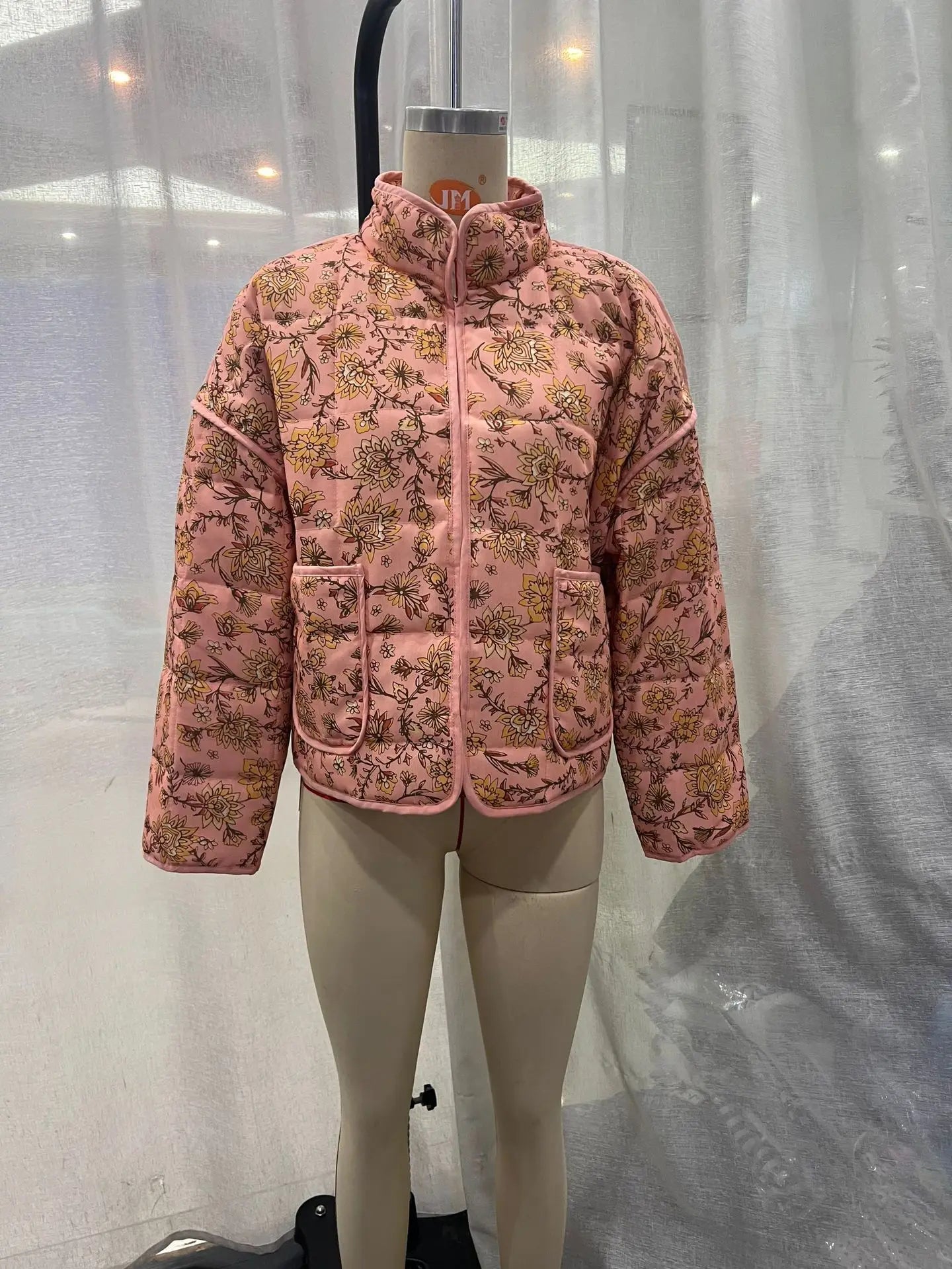 Print Quilted Cotton Jacket Women Fashion Long Sleeved High Neck Coats Female Single Breasted Loose Coat Autumn New Outerwear-belleandkai.com