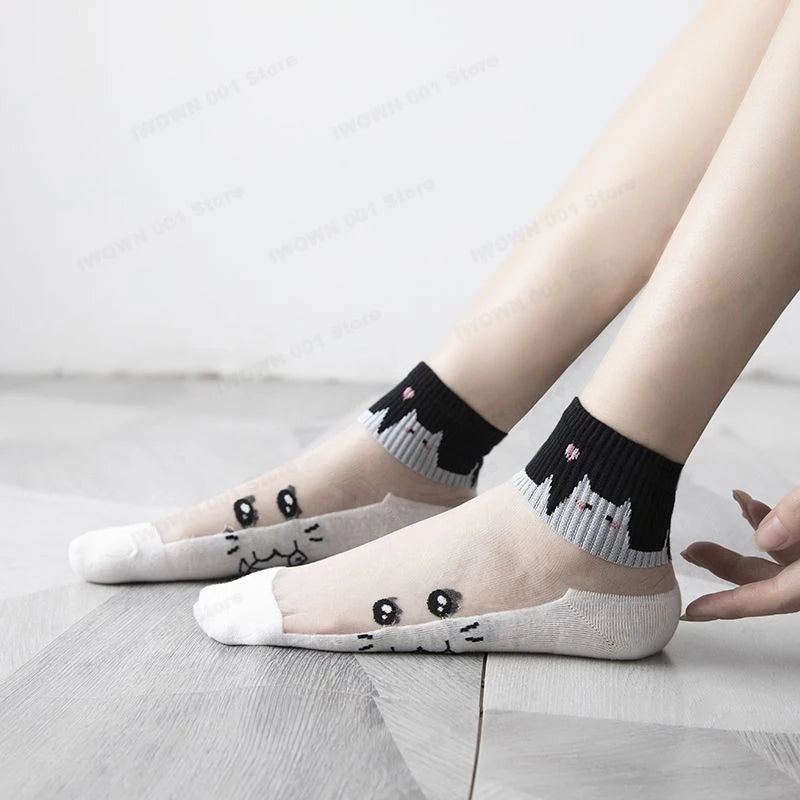 5 Pairs/lot of Womens Slass Filament Fiber Spring and Summer Thin Transparent Black Cat Socks Polyester Breathable Sock Sole-belleandkai.com