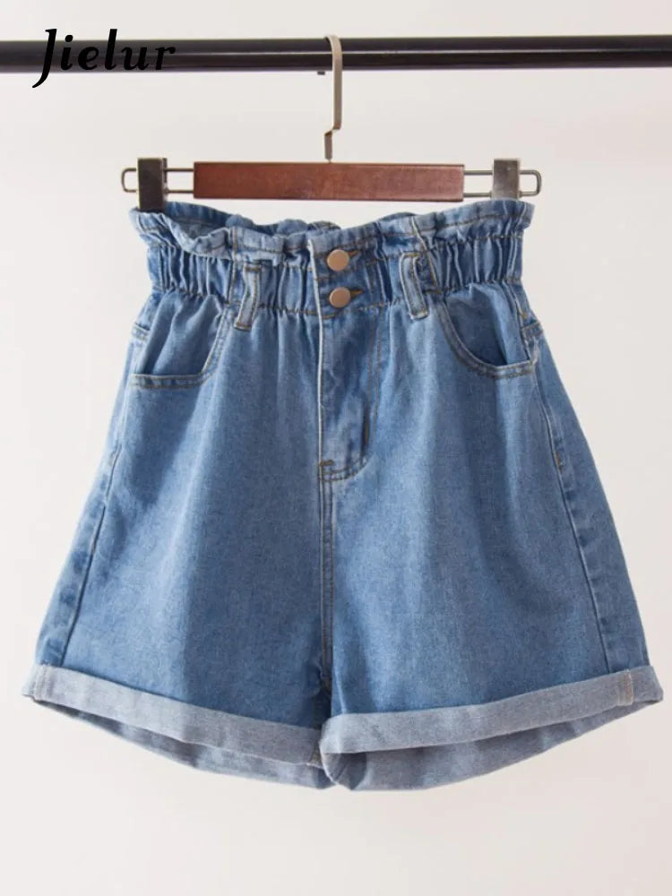 Jielur Summer Black Women Denim Shorts Women S-5XL Harem Ruffled White Blue High Waisted Shorts Female Elastic Short Jeans-belleandkai.com
