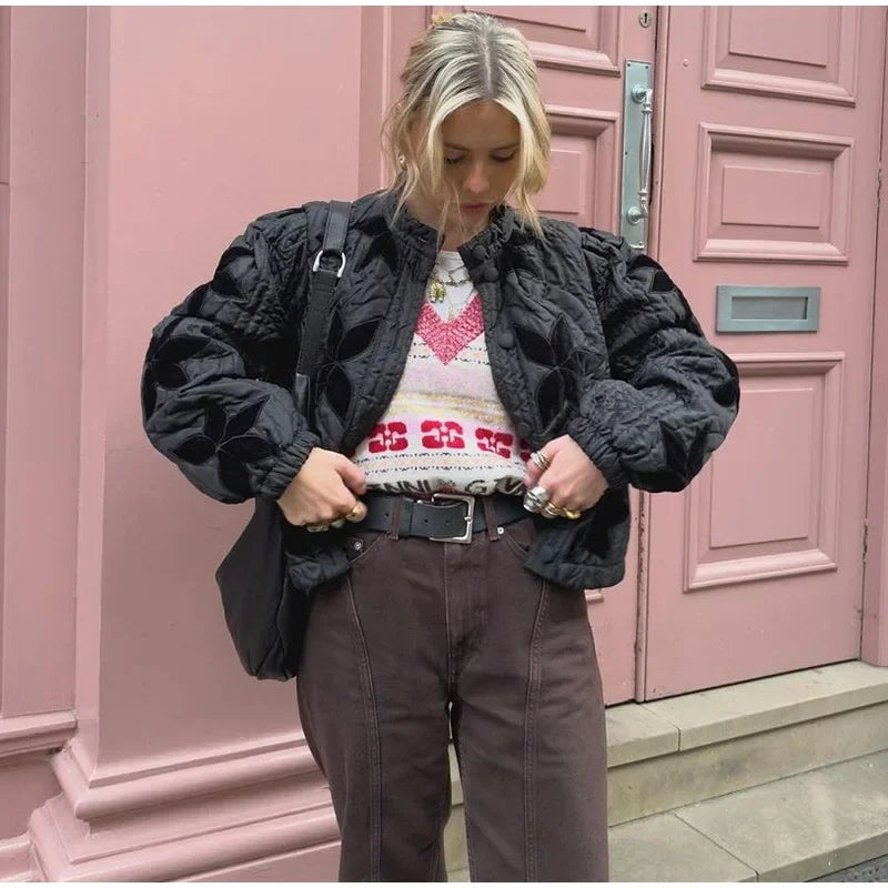 Casual Solid Printed Padded Women Jacket O-neck Full Sleeves Lady Coat 2024 Fashion Autumn Covered Button Female Loose Outwear-belleandkai.com