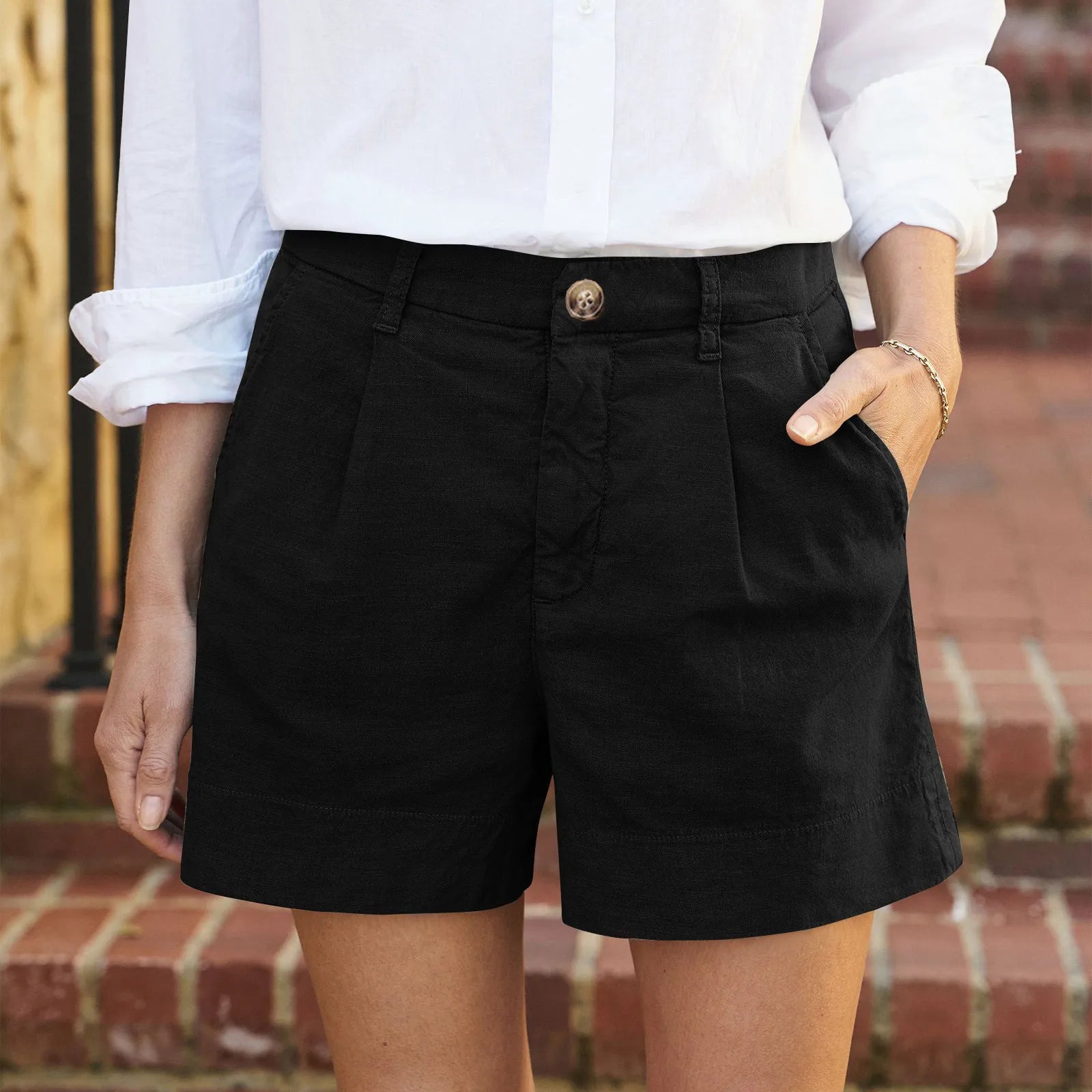 Women'S Summer Shorts Soft Stretch Twill Shorts With Side Pockets Classic Solid Straight Button Daily Commute Comfy Shorts-belleandkai.com