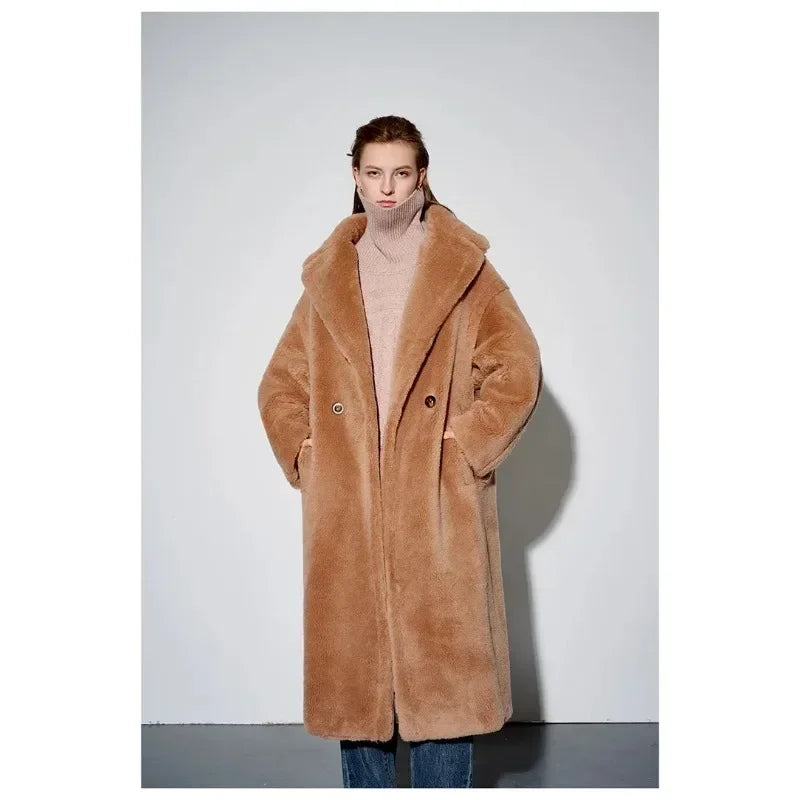 Top Quality New Teddy Coat Women, Luxury Genuine Fur 62% Alpaca 26% Wool 12% Silk, Winter Warm Long Teddy Coat Jacket for Women-belleandkai.com