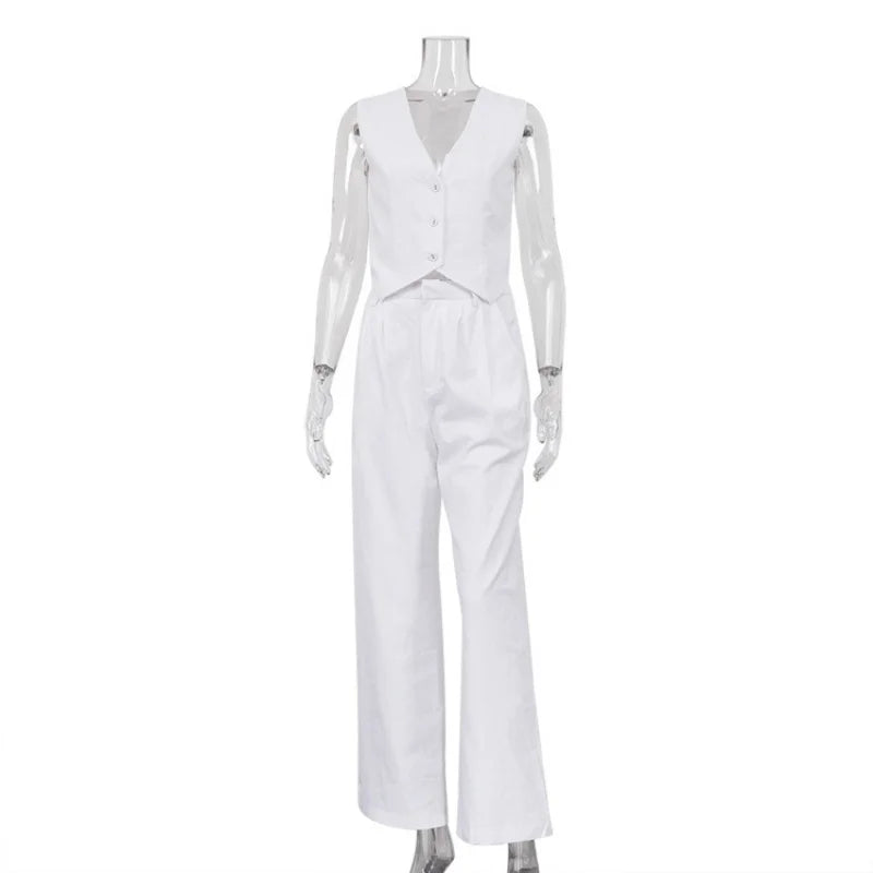2025 New Summer Two Piece Sets Fashion Women Single Breasted Sleeveless Vest Wide Leg Pant Suit Casual Solid Office Lady Outfits-belleandkai.com