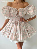 Clacive Summer Slim Print Women's Dress Fashion Slash Neck Short Sleeve Mini Dresses Elegant High Waist Patchwork Female Dress-belleandkai.com