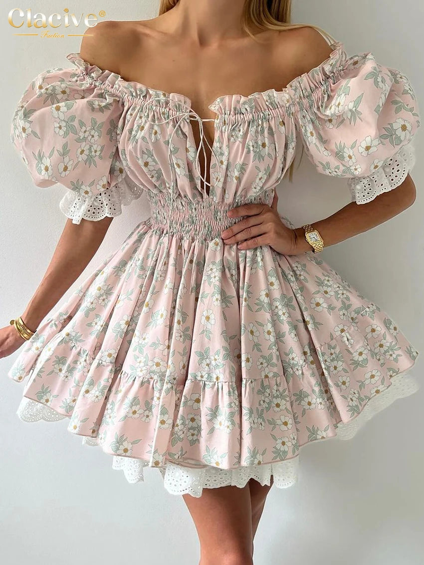 Clacive Summer Slim Print Women's Dress Fashion Slash Neck Short Sleeve Mini Dresses Elegant High Waist Patchwork Female Dress-belleandkai.com