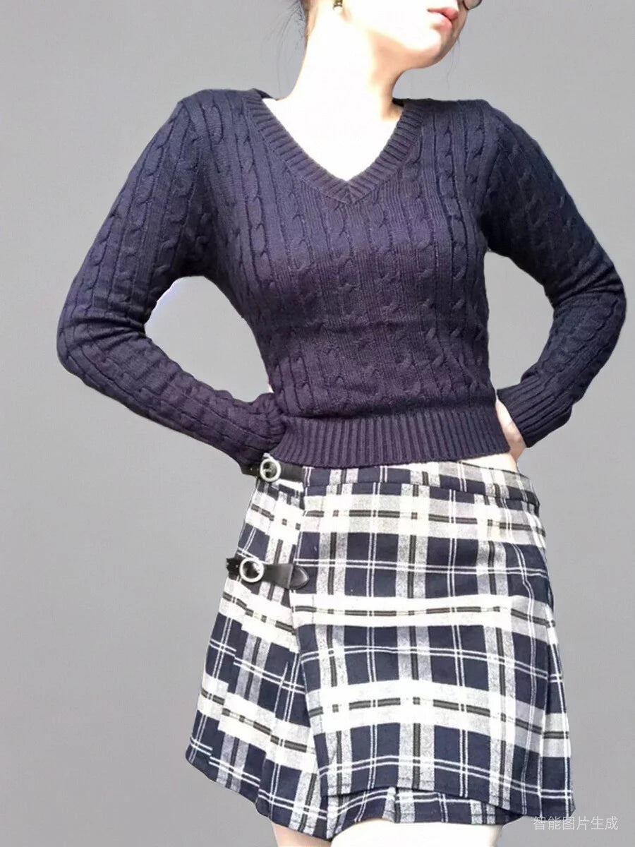 Brandy Mandy Women's V-Neck Long Sleeve Knit Sweater Casual Autumn Top Navy Crop Pullover for Girls-belleandkai.com