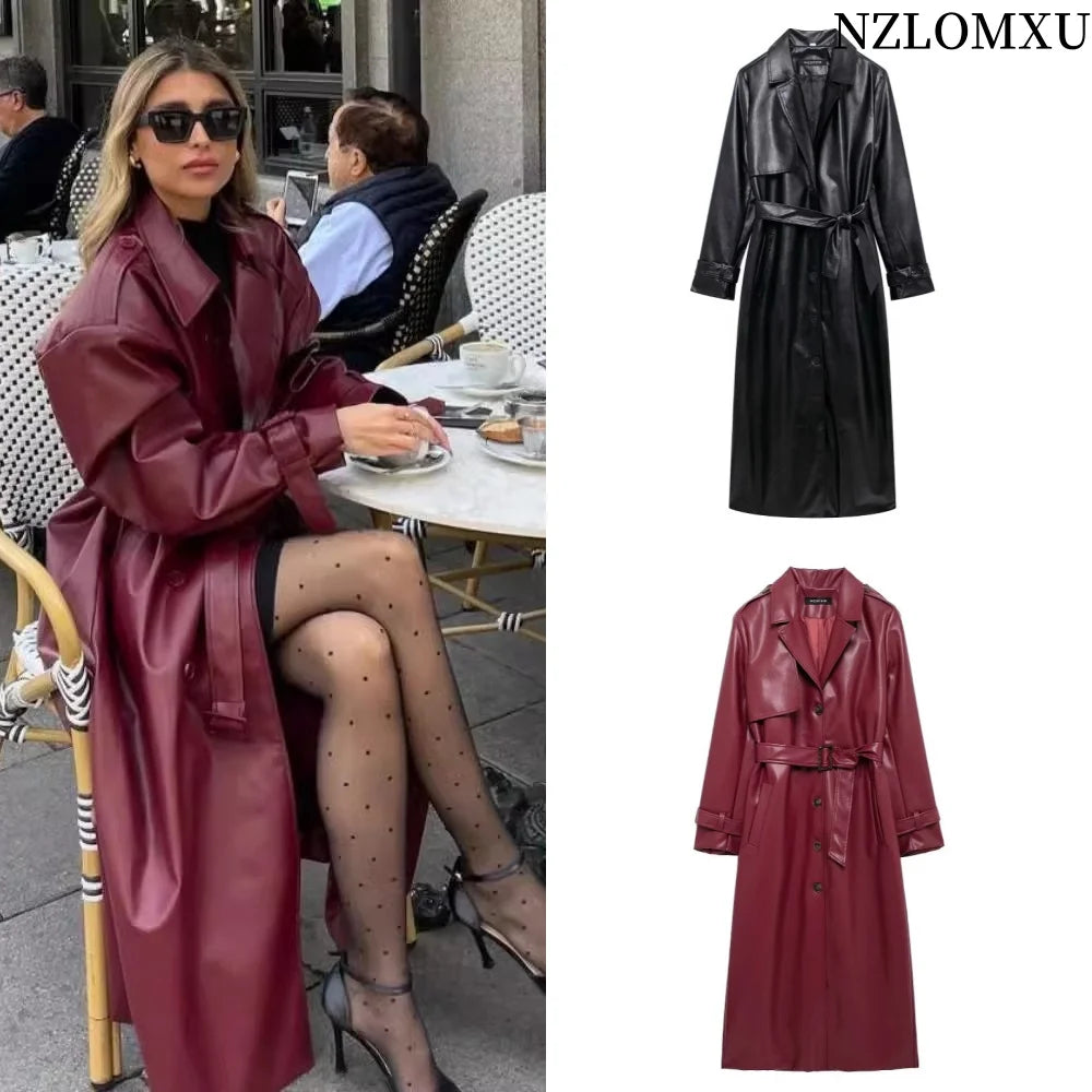 2025 Women New Fashion With Belt Long style Single Breasted Faux Leather Coat Vintage Long Sleeve Pockets Female Outerwear-belleandkai.com