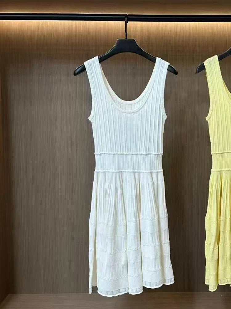 U collar Slim knit short dress temperament elegant hollow A-line women's dresses 2025 Spring New-belleandkai.com