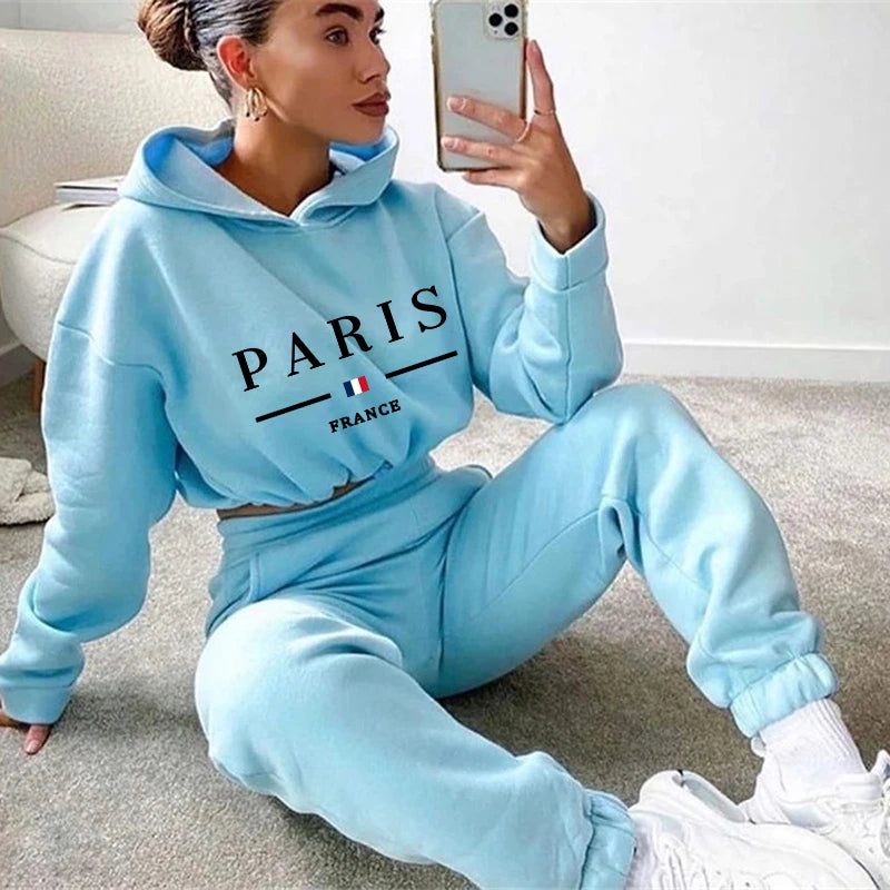 2025 Women Tracksuit Jogging Autumn Hooded Drawstring Short Sweatshirt Suit Daily Simplicity Casual Sportswear Printing Clothing-belleandkai.com