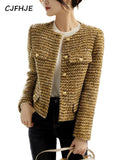 CJFHJE Women's Gold Short Woolen Coat  Autumn Winter New Korean Fashion Tweed Coat Elegant Retro Female OL Outwear Wool Jacket-belleandkai.com