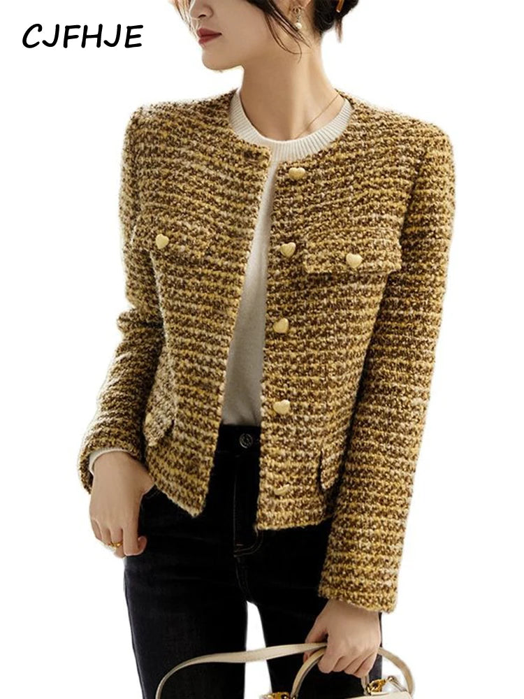 CJFHJE Women's Gold Short Woolen Coat  Autumn Winter New Korean Fashion Tweed Coat Elegant Retro Female OL Outwear Wool Jacket-belleandkai.com