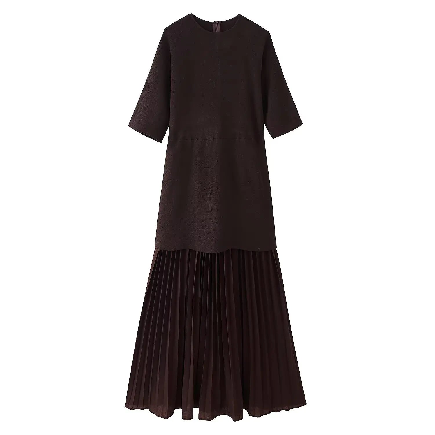 TRAFZA Women Elegant Half Sleeves O-Collar Pleated Dress Spring Woman Rear Zipper Splicing Vintage Casual Knitted Long Dress-belleandkai.com