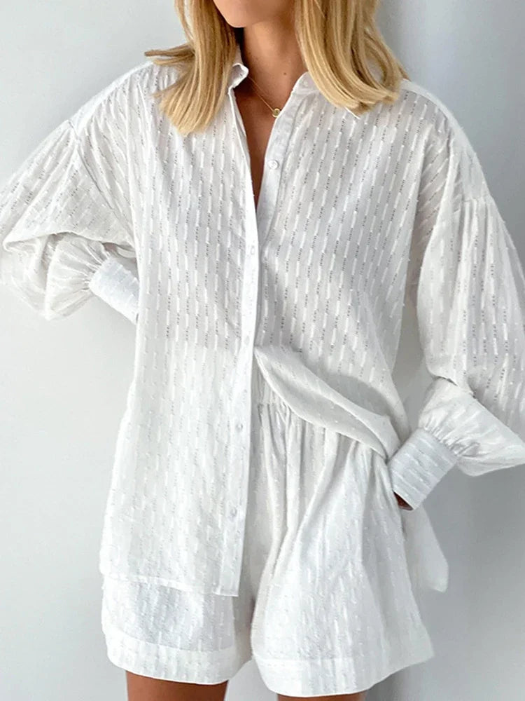 Women Jacquard Puff Sleeves Two Piece Sets for Summer Fashion Loose Shorts and Long Sleeved Shirt Outfits-belleandkai.com