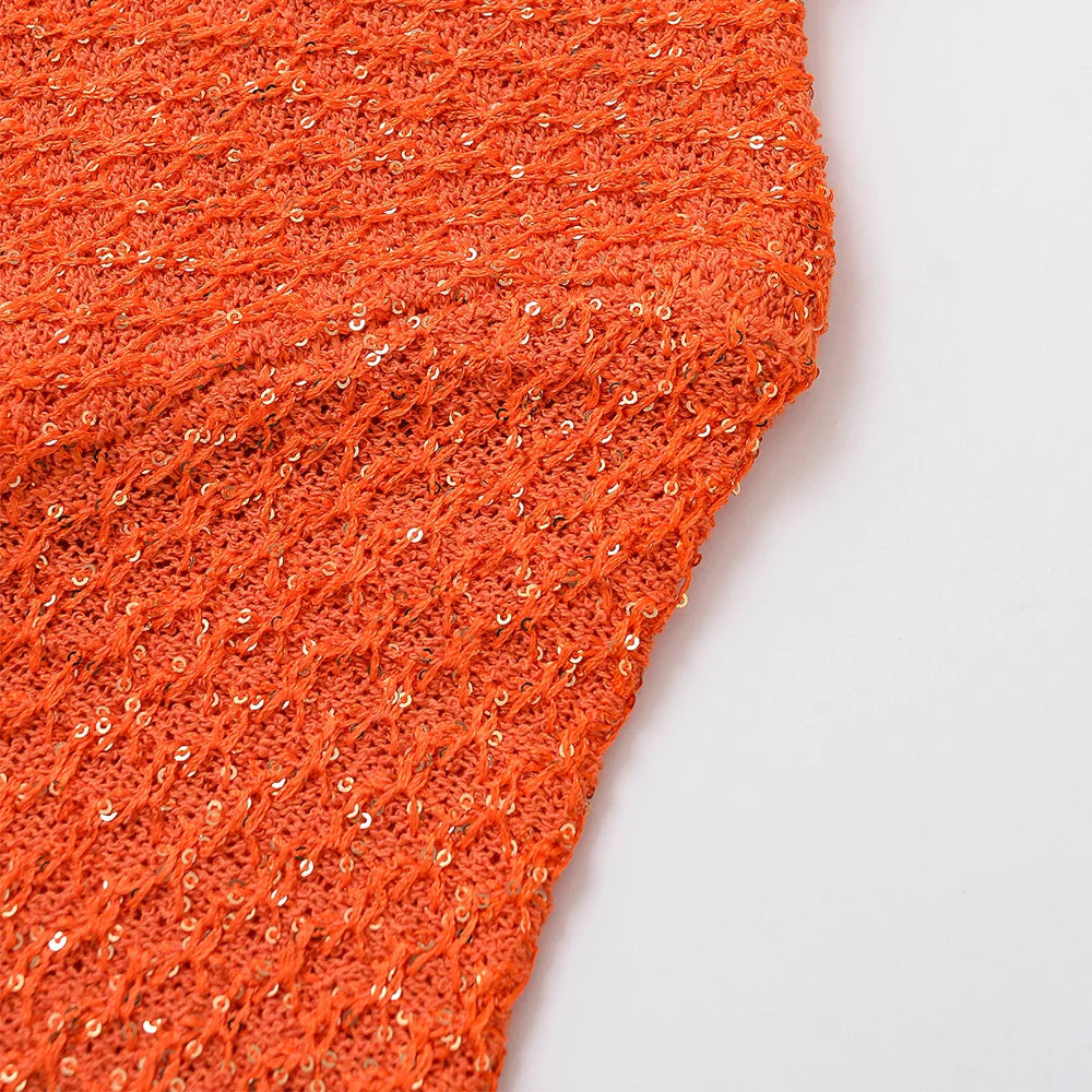 TRAFSHE Women's Fashion Summer Orange Knitwear Short Sleeve O-Neck One Button Sweater Top Knit Sequins Cardigan Women 9598092-belleandkai.com