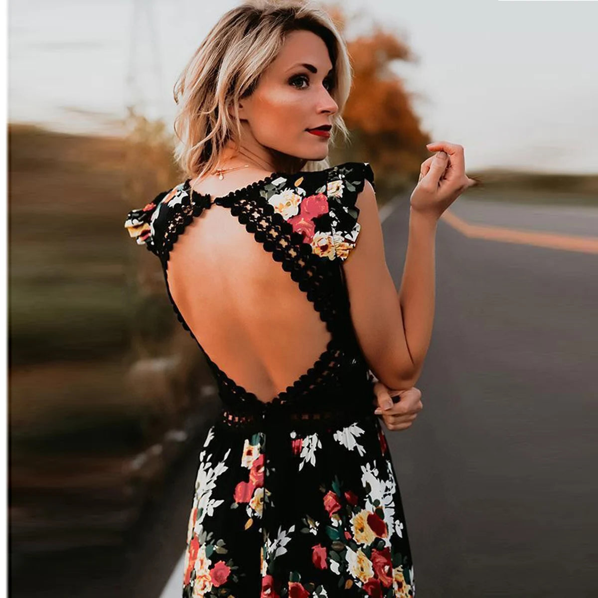 Mode Vrouwen Mouwloze Bloemenprint Onregelmatige Zoom Backless Lange Tank Jurk Backless Onregelmatige Grote Zoom Bloemenprint Ju-belleandkai.com