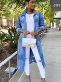 New Arrival Fashion Hole Cotton Autnmn Winter Long Denim Jacket 2023 Trench Coat Cardigan Jeans Cape Women Long Sleeve Jean Coat-belleandkai.com