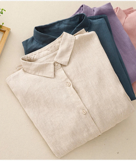 Cotton shirt female spring and autumn new fashion Japanese literature elegant solid color versatile long-sleeved casual blouse-belleandkai.com