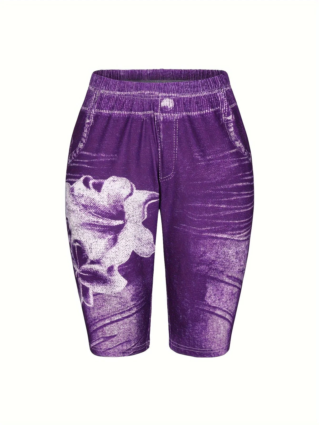 3-Piece Set Of Lily Flowers New Fashionable Denim Inspired Slim Fitting Shorts Women's Casual Leggings High Elasticity-belleandkai.com