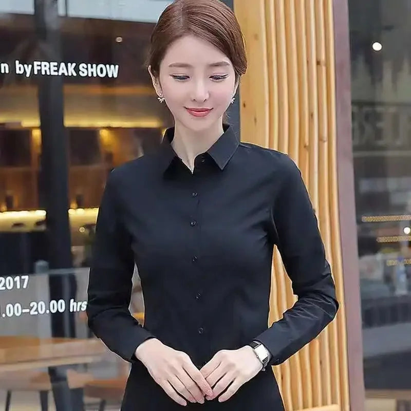 Slim Fit Workwear Shirt Women's Formal Long Sleeve Blue White Spring Summer Autumn Office Uniform Polo Collar Button Decoration-belleandkai.com