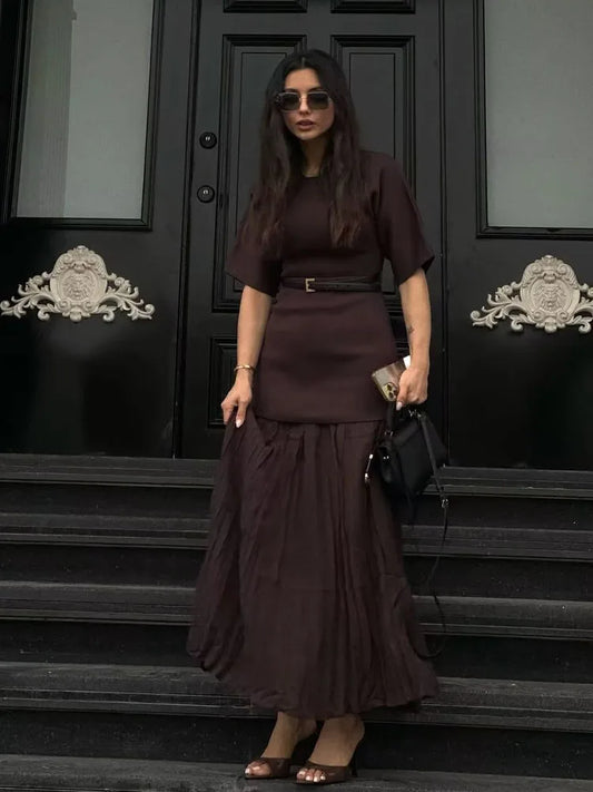 TRAFZA Women Elegant Half Sleeves O-Collar Pleated Dress Spring Woman Rear Zipper Splicing Vintage Casual Knitted Long Dress-belleandkai.com