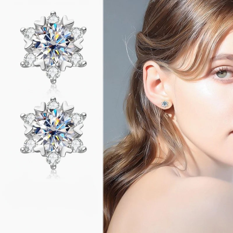 S925 silver moissanite snowflake earrings for women, fashionable and classic 6-claw design as a Valentine's Day gift for friends-belleandkai.com
