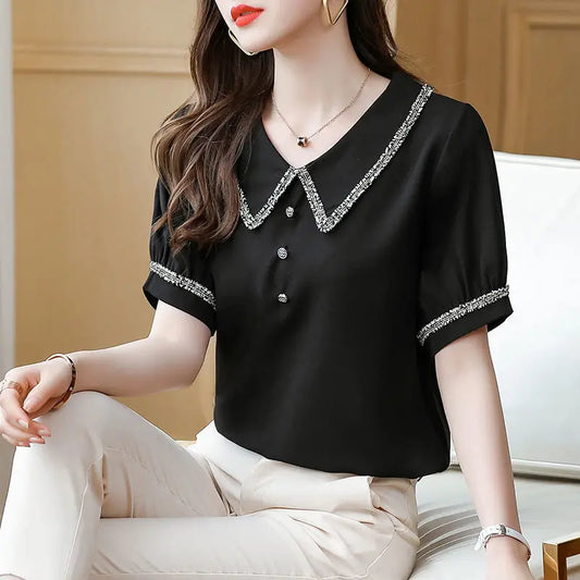 Top for Woman Office Outfits Clothing Black Women's Shirts and Blouses Chiffon Wear To Work Formal Collar Short Sleeve New 2024-belleandkai.com