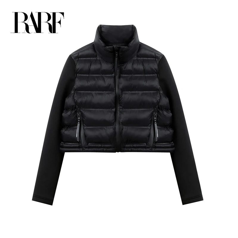 RARF Women's stand-up collar pressure glue zipper Black splicing space cotton jacket jacket for women-belleandkai.com