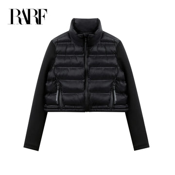 RARF Women's stand-up collar pressure glue zipper Black splicing space cotton jacket jacket for women-belleandkai.com