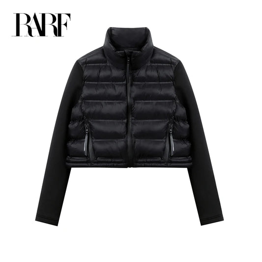 RARF Women's stand-up collar pressure glue zipper Black splicing space cotton jacket jacket for women-belleandkai.com