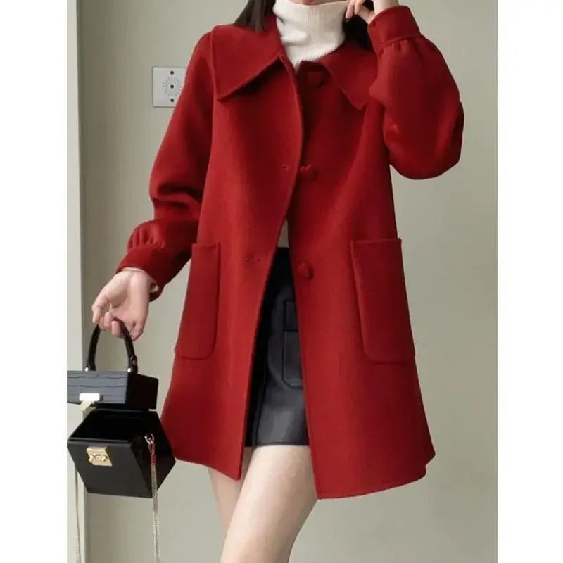 Autumn Winter New Style Slimming Long Coat with Heart Buckle Doll Collar Knitted Outerwear for Women Chinese Brand AE Stock-belleandkai.com