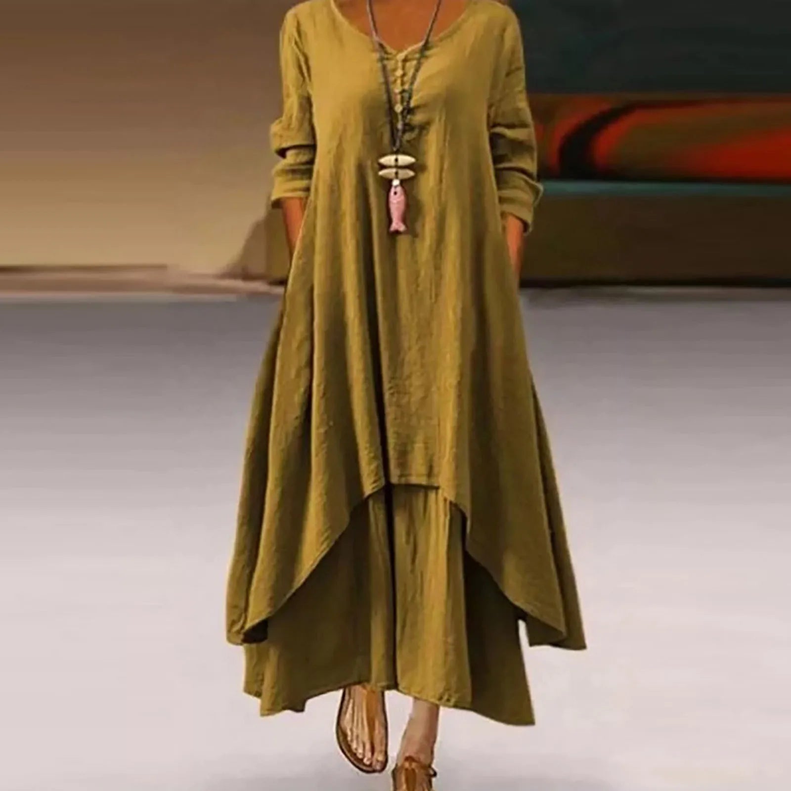 Cotton Women'S Casual Fashion Loose Long Dress With Button Solid Color Dresses-belleandkai.com