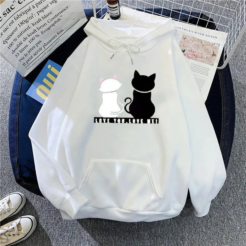 Women's Fleece Lined Hoodie Casual Cartoon Cat Print Oversize Loose Fit Autumn Winter Top Fashion Comfortable Streetwear-belleandkai.com