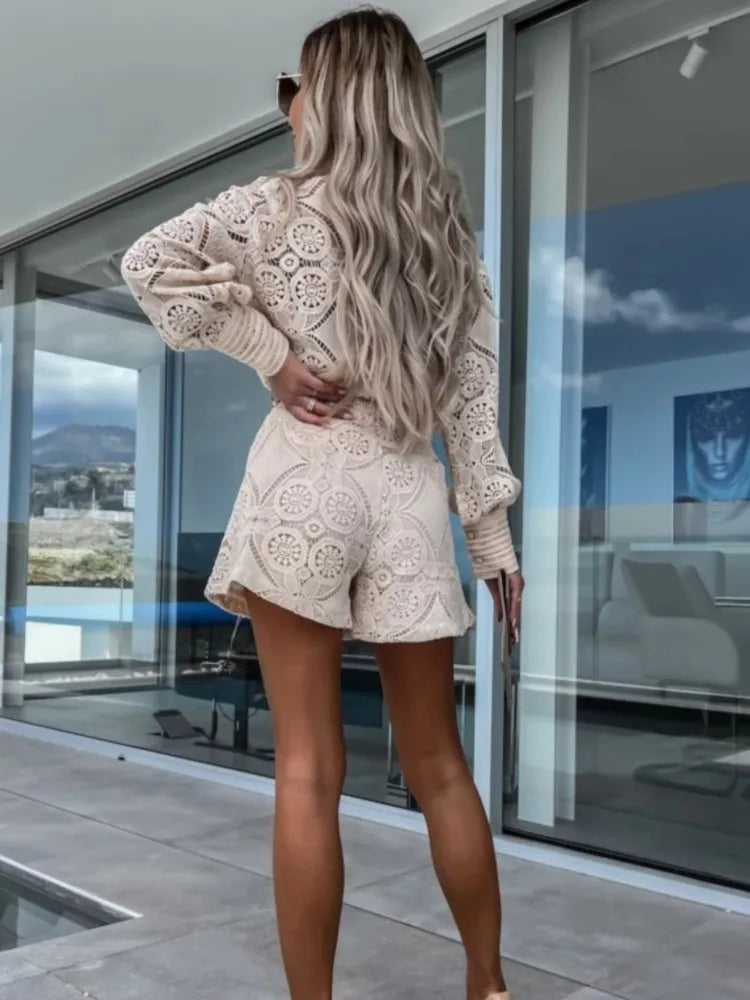 Vintage White Lace Shirt Shorts Sets Women Spring Summer Long Sleeve Button Top Shorts 2 Piece Set Elegant Party Outfits Femme-belleandkai.com