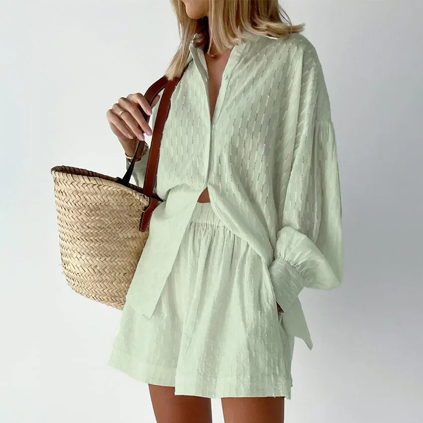 Women Jacquard Puff Sleeves Two Piece Sets for Summer Fashion Loose Shorts and Long Sleeved Shirt Outfits-belleandkai.com