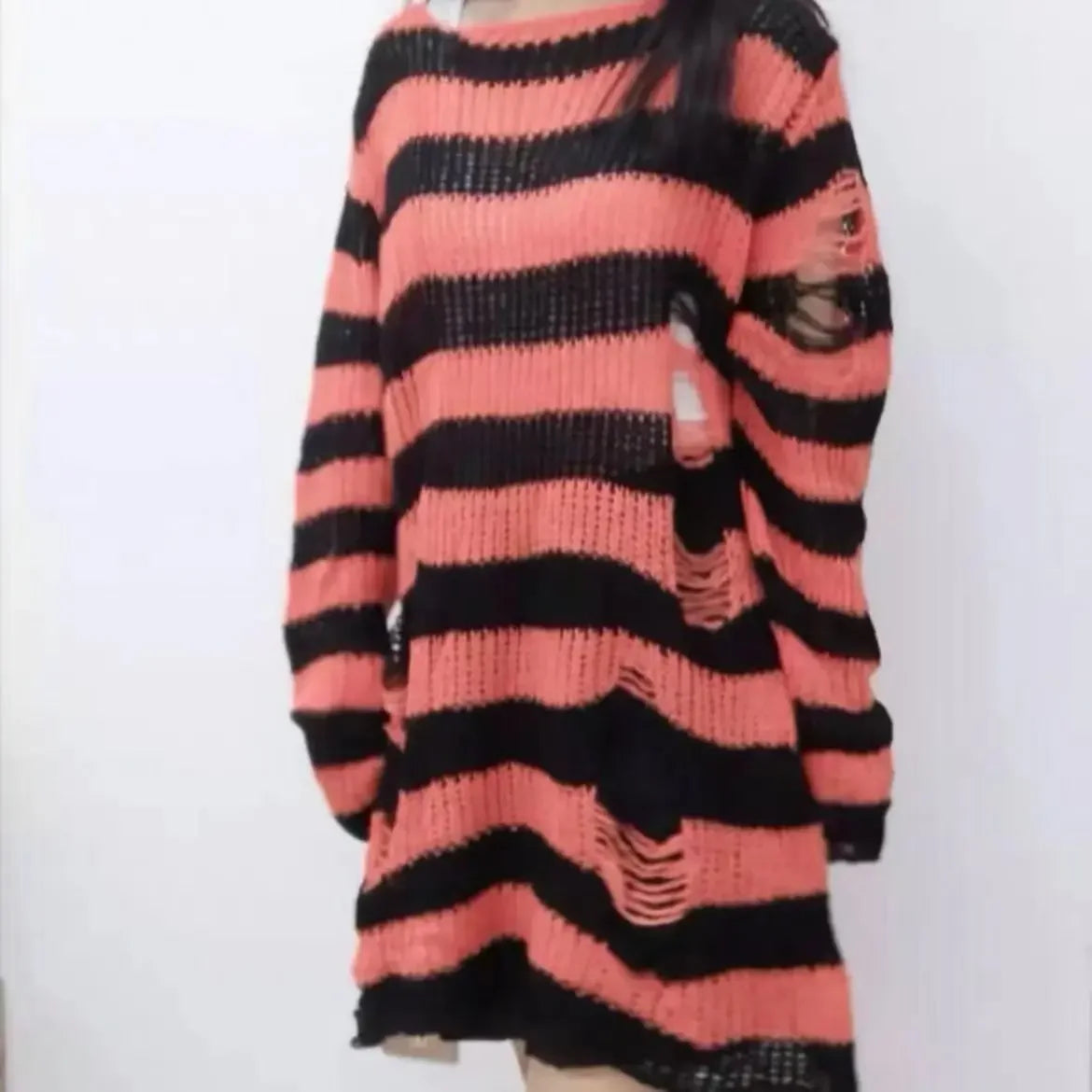 New Streetwear Top Punk Gothic Long Unisex Sweater Summer Women Striped Cool Hollow Out Hole Broken Jumper Loose Rock Thin Dark-belleandkai.com