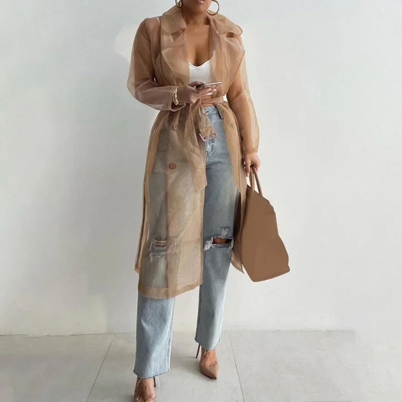 Elegant Shirts Trench Coat for Women Fashion See Through  Lace Up Spring Solid Sheer Mesh Long Sleeve Buttoned Coat with Belt-belleandkai.com
